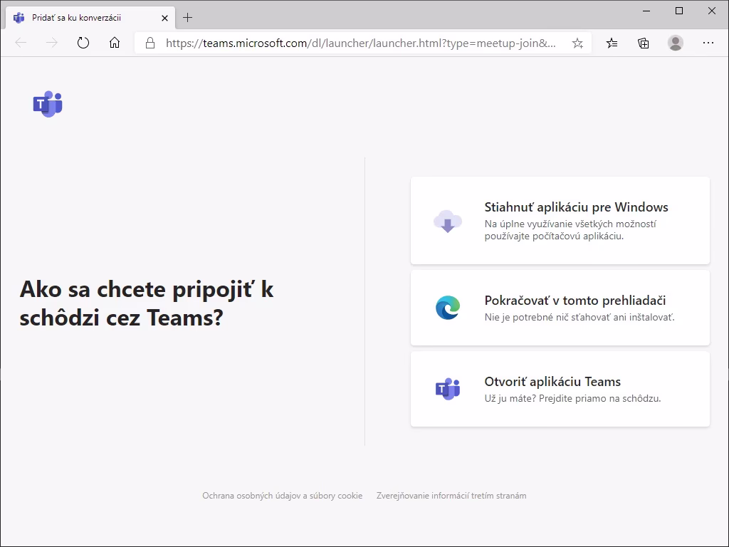 moznosti-pripojenia_v2 Príklad výzvy na pripojenie k MS Teams v okne prehliadača